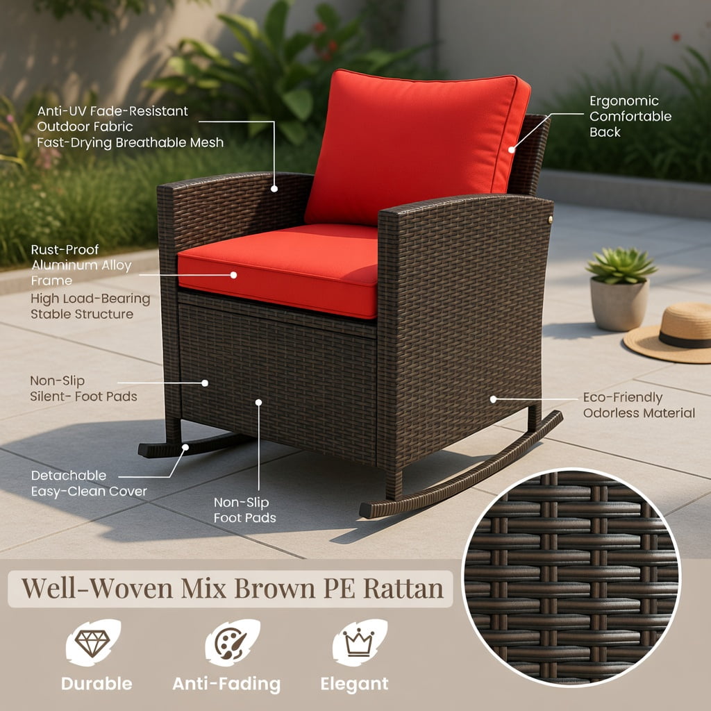Hommoo 3-Piece Outdoor Rattan Rocking Chair Set with Tempered Glass Coffee Table & Removable Cushions, Red