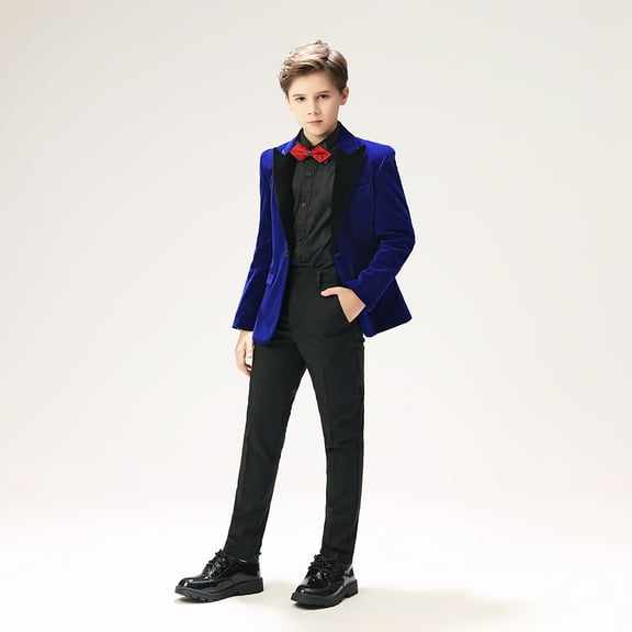 Lycody 4pcs Boys Velvet Suit Peak Lapel One Button Slim Formal Fit Tuxedo Blazer Sets Party Wedding Ring Bearer Outfit, Jacket & Pants & Shirt & Bow Tie
