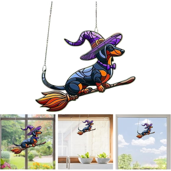 Adorno colgante de Halloween con diseño de perro salchicha en una escoba, colgante de vidrio acrílico, letrero colgante para puerta con diseño de perro salchicha en una escoba para decoración de Hallo