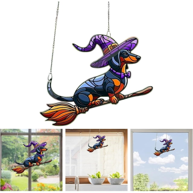 Adorno colgante de Halloween con diseño de perro salchicha en una escoba, colgante de vidrio acrílico, letrero colgante para puerta con diseño de perro salchicha en una escoba para decoración de Hallo