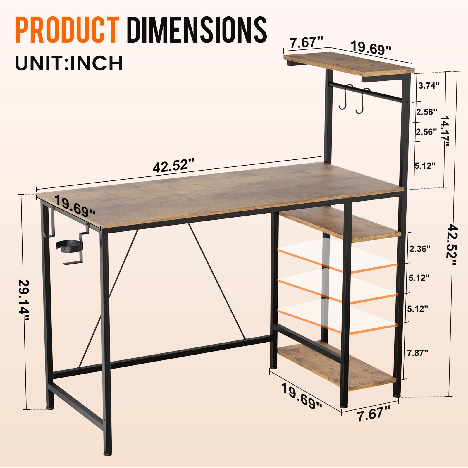 CLOUDREST PRO 44-Inch Computer Desk with LED Lights and 4-Tier Storage Shelves, Rustic Brown