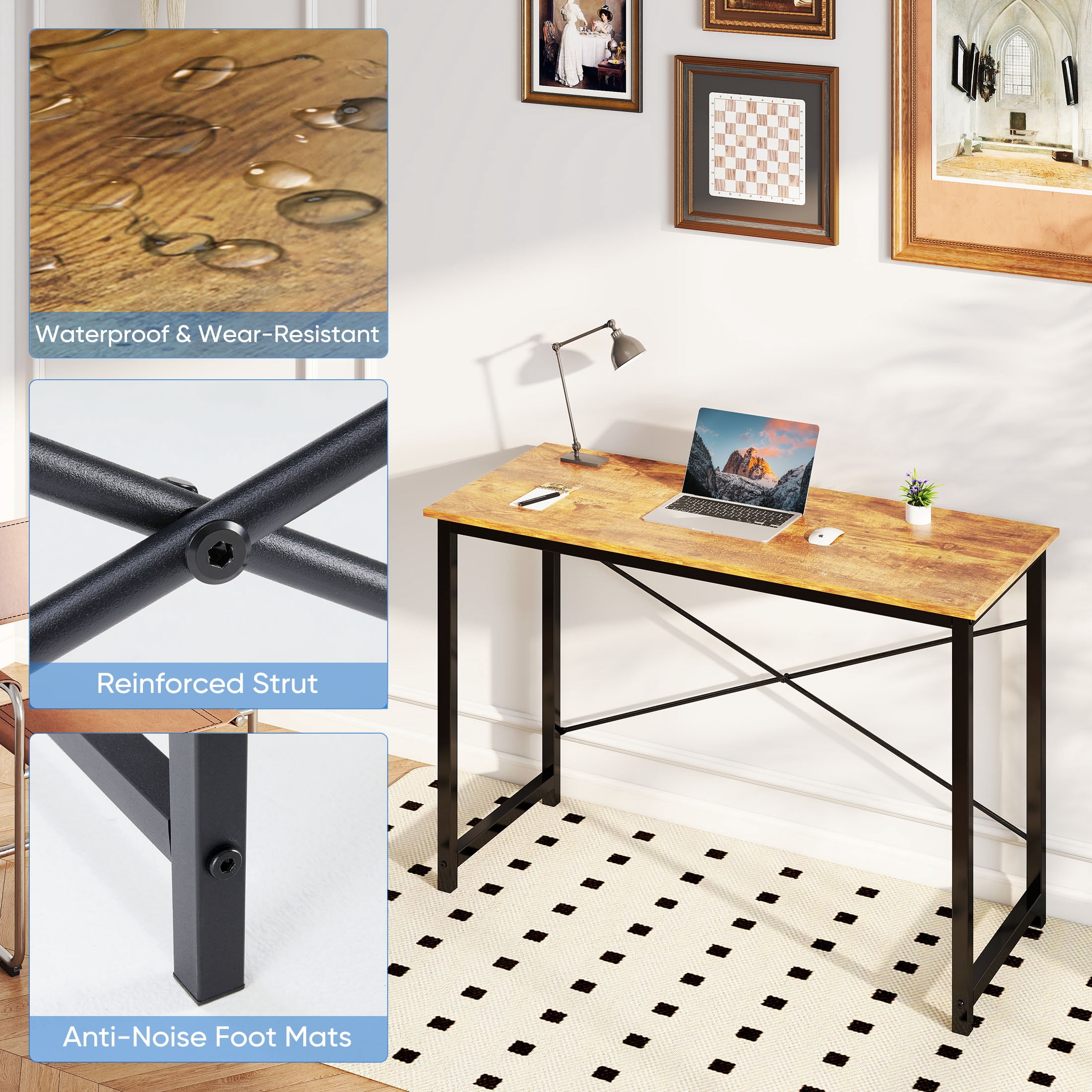 CONCETTA Computer Desk, 47 Inch with Storage Bag and Iron Hooks for Home, Office, Rustic Brown