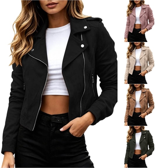Wxolcjlv Women's Solid Biker Jackets Long Sleeve Zip Up Cropped Outerwear Side Zipper Pockets