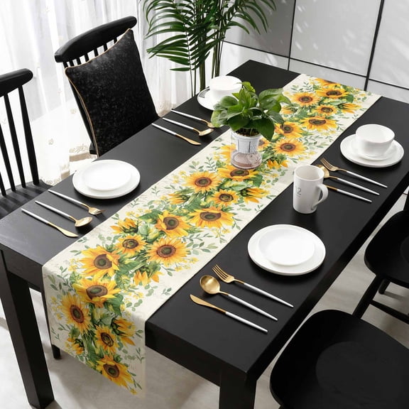 Sunflower Cotton Linen Table Runner 13 x 90 inch Country Botanical Yellow Green Floral Leaf Non-slip Rectangular Dining Table Decor for Wedding Party Holiday Dinner