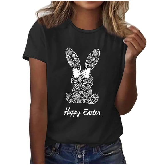 Womens Easter Tops 2025 Summer Casual Pullover Printed T-Shirt with Round Neck and Short Sleeves