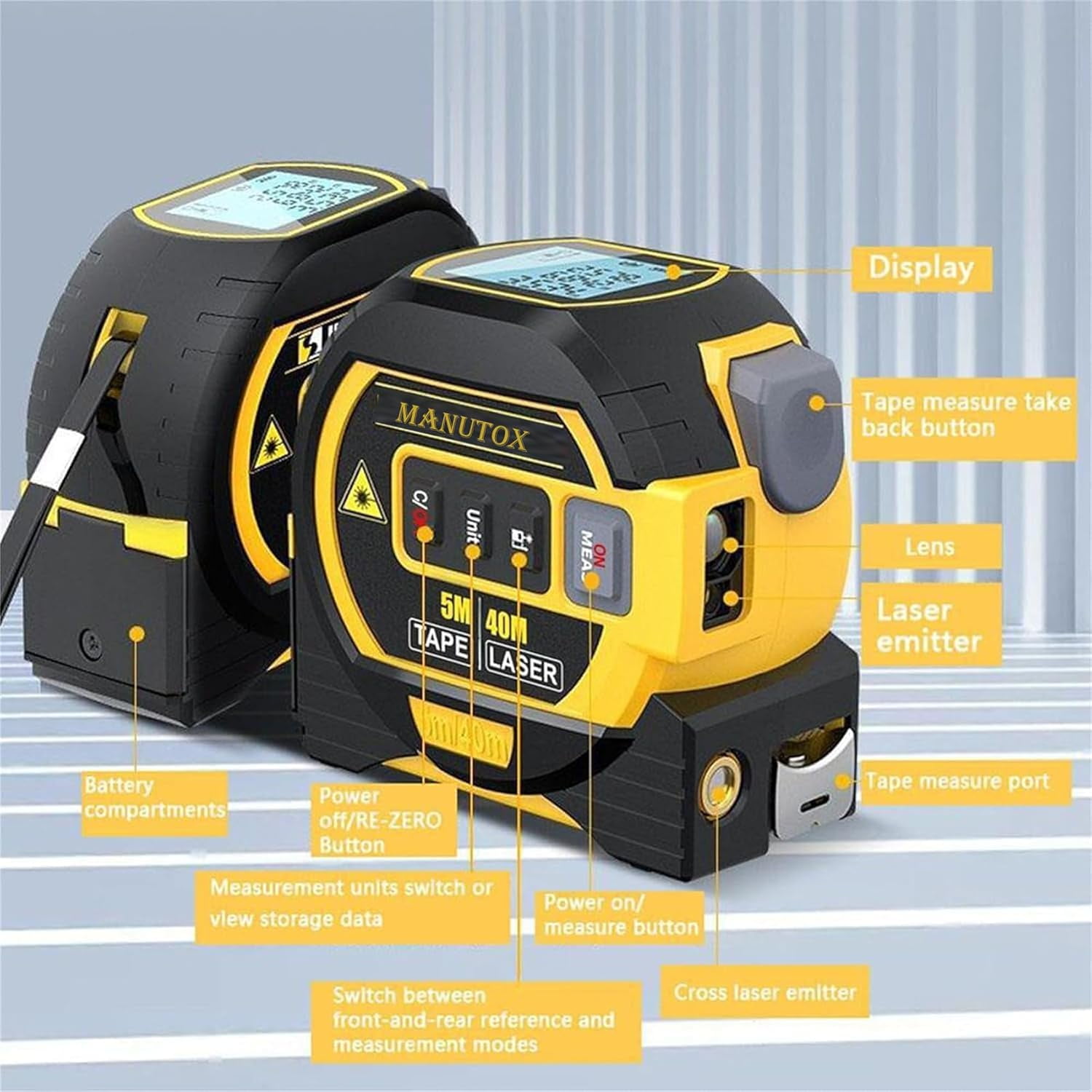 3 In 1 Infrared Laser Tape Measuring Tool Digital 196FT 60m Retractable Electric LCD Display Yellow