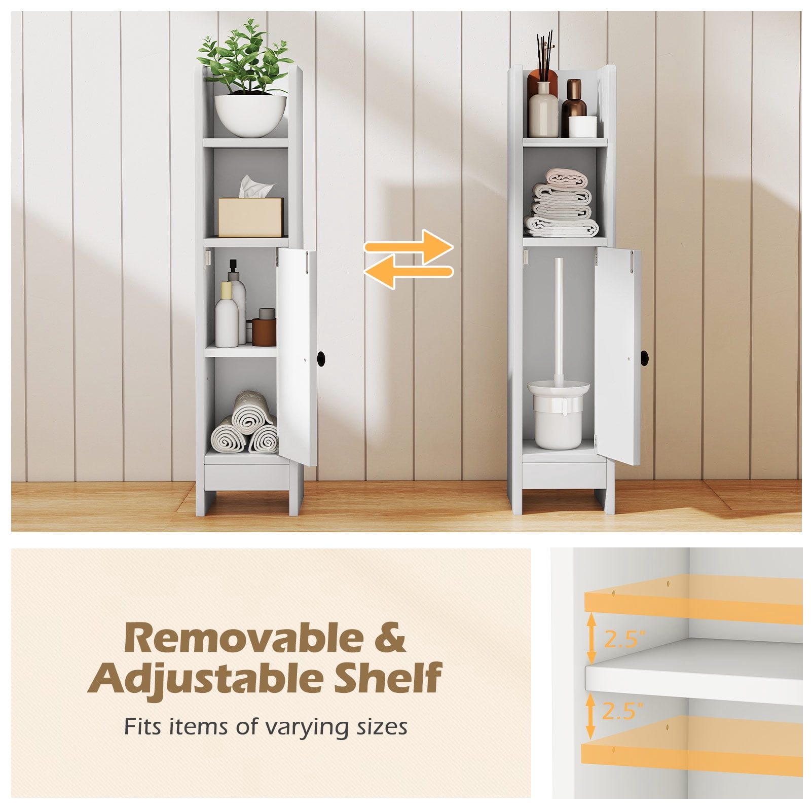 Topbuy Bathroom Storage Cabinet Small Corner Floor Cabinet with Door and Adjustable Shelves Toilet Paper Holder Stand White