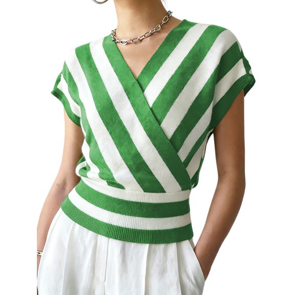Women Tops Cap Sleeve Dressy Casual V Neck Stripe Shirts Summer Business Work Blouses Outfits Green S