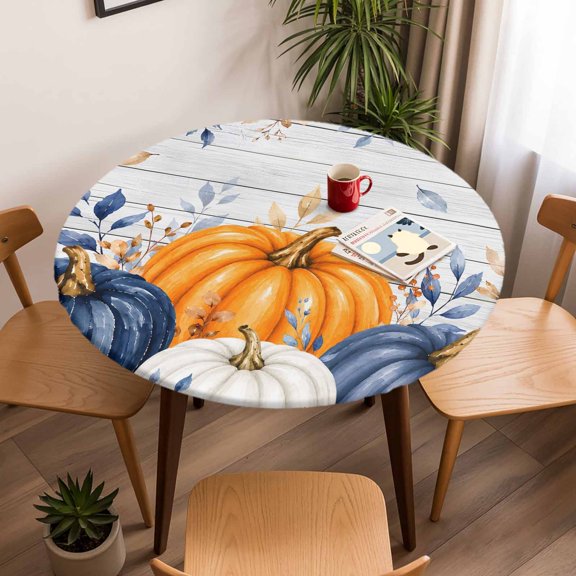 Round Fitted Tablecloth with Elastic Edge, Fall Thanksgiving Harvest Waterproof Oil-Proof Table Cover, Farmhouse Pumpkin Retro Plank Circle Table Cloth for Indoor Outdoor Picnic Party 36"x44"