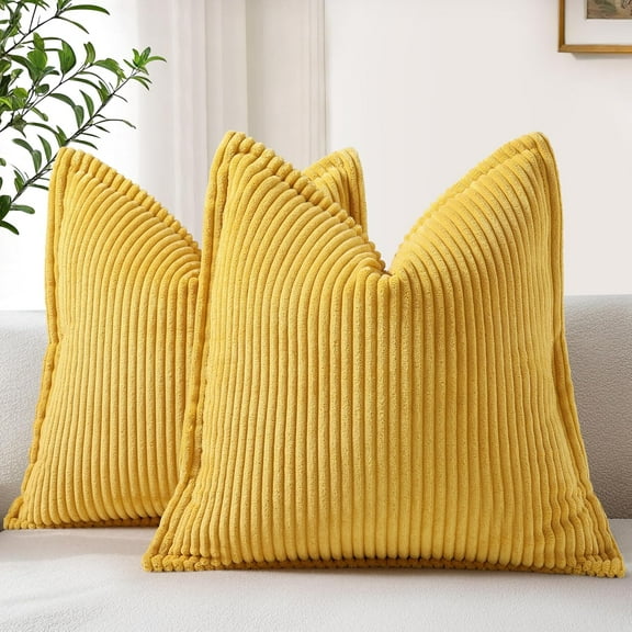Corduroy Mustard Yellow Throw Pillow Covers 18x18 Set of 2 Decorative Soft Striped Couch Neutral Farmhouse Pillow Covers with Broadside for Living Room Bed Sofa