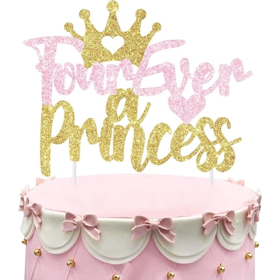 Princess 4th Birthday Party Decorations Pink Gold, Glitter Four Ever A Princess Cake Toppers, Princess Cake Pick, 4 Years Old Birthday Party Supplies