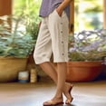 thumbnail image 2 of Ttongbb Women Short Pants Elastic Waist Knee Length Straight Leg Side Button Decor Cropped Pants With Pockets Travel Wear, 2 of 7