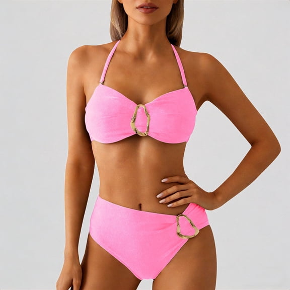 Daznico Women's Bikini Set, Halter Bandeau Top with Metal Buckle High Waist Bottoms,XL