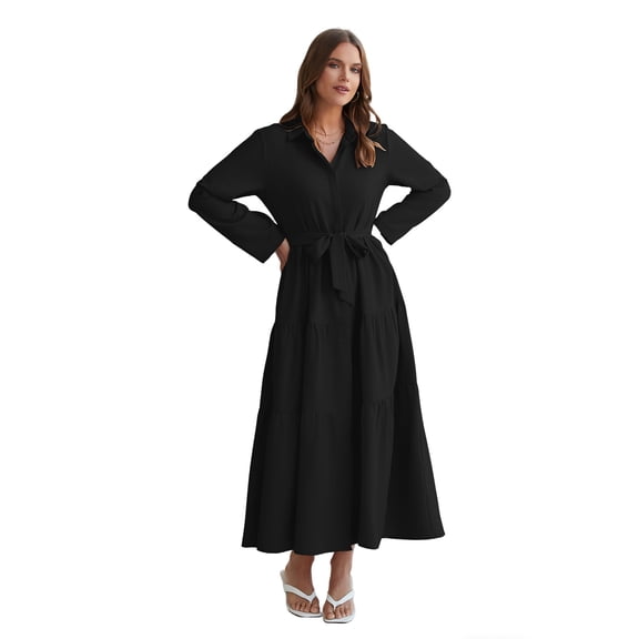 NAYAOTO Women's Maxi Shirt Dress - 2026 Long Sleeve Button Casual Fall A-line Work Tiered Dresses with Belt and Pockets