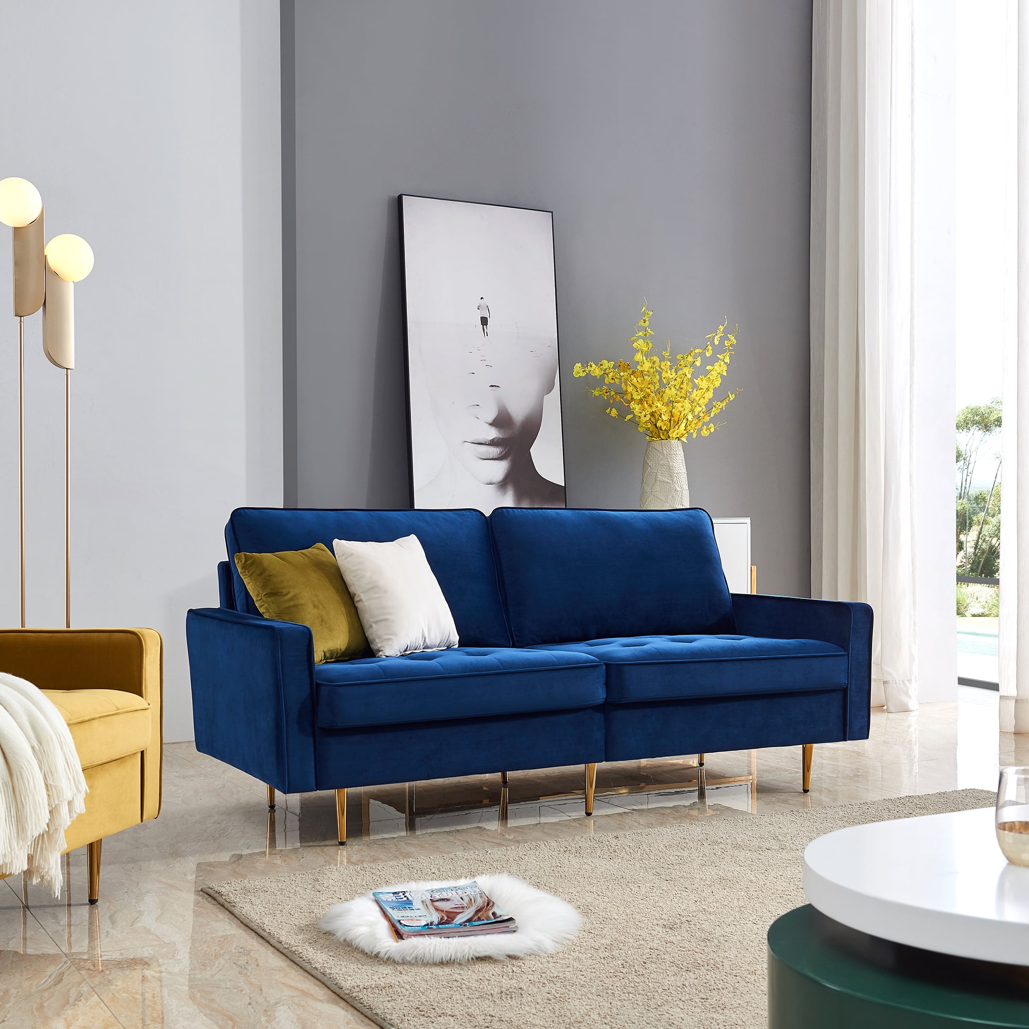 Modern Velvet Sofa, Mid-Century Sofa with Metal Legs and Removable