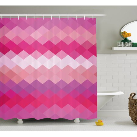 Pink Diamond Pattern Hot Pink Shower Curtain, Classical Simple Modern Design with Vibrant Colored Diamond Line Pattern, Fabric Bathroom Set with Hooks, Pink Peach Fuchsia, by Ambesonne ()