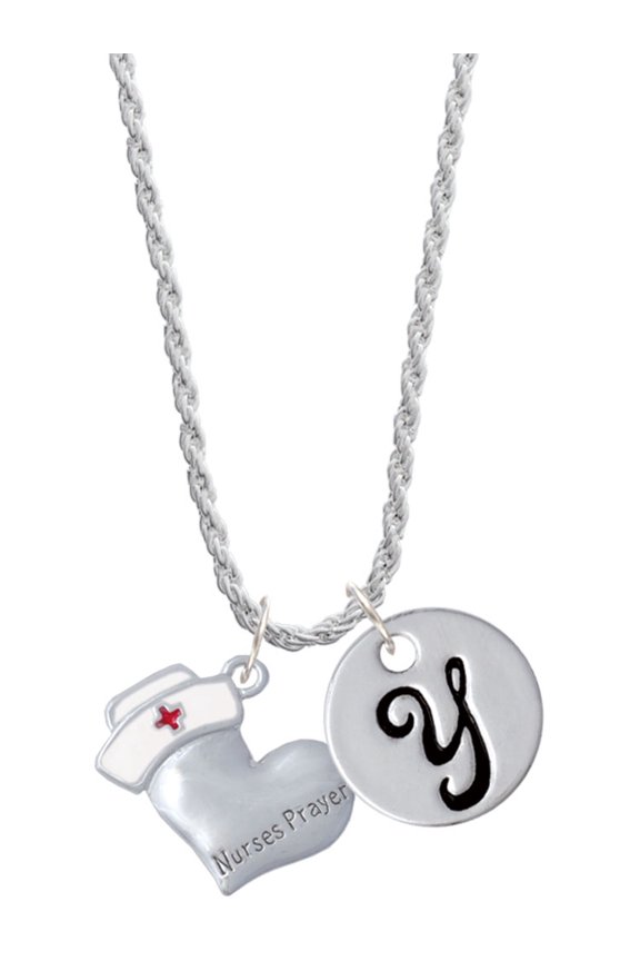 Silvertone Nurse's Prayer Heart - Lord Guide Silvertone Script Initial Disc - Y - Charm Necklace, 20"+3"