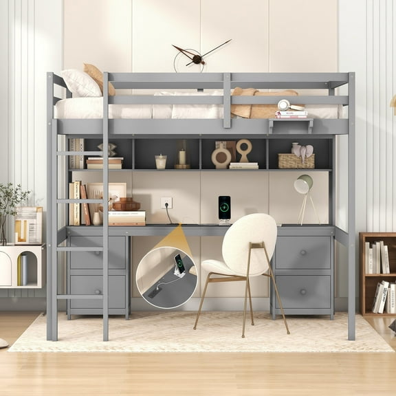 Kumix Loft Bed Full Size with Desk, Wood Loft Bed with Drawers and Bedside Tray, Charging Station for Teens Adults, Heavy Duty Loft Bed for Bedroom, Dorm, Noise-Free, Space-Saving, Gray