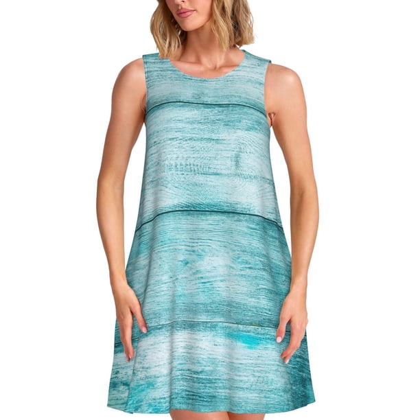 Balery Teal Turquoise Wood Vestidos de verano para mujer con estampado: vestido holgado sin mangas, vestido playero informal y cómodo para días calurosos.