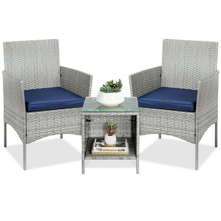 Best Choice Products 3-Piece Outdoor Wicker Conversation Bistro Set Patio Chat Furniture w/ 2 Chairs Table - Gray/Navy