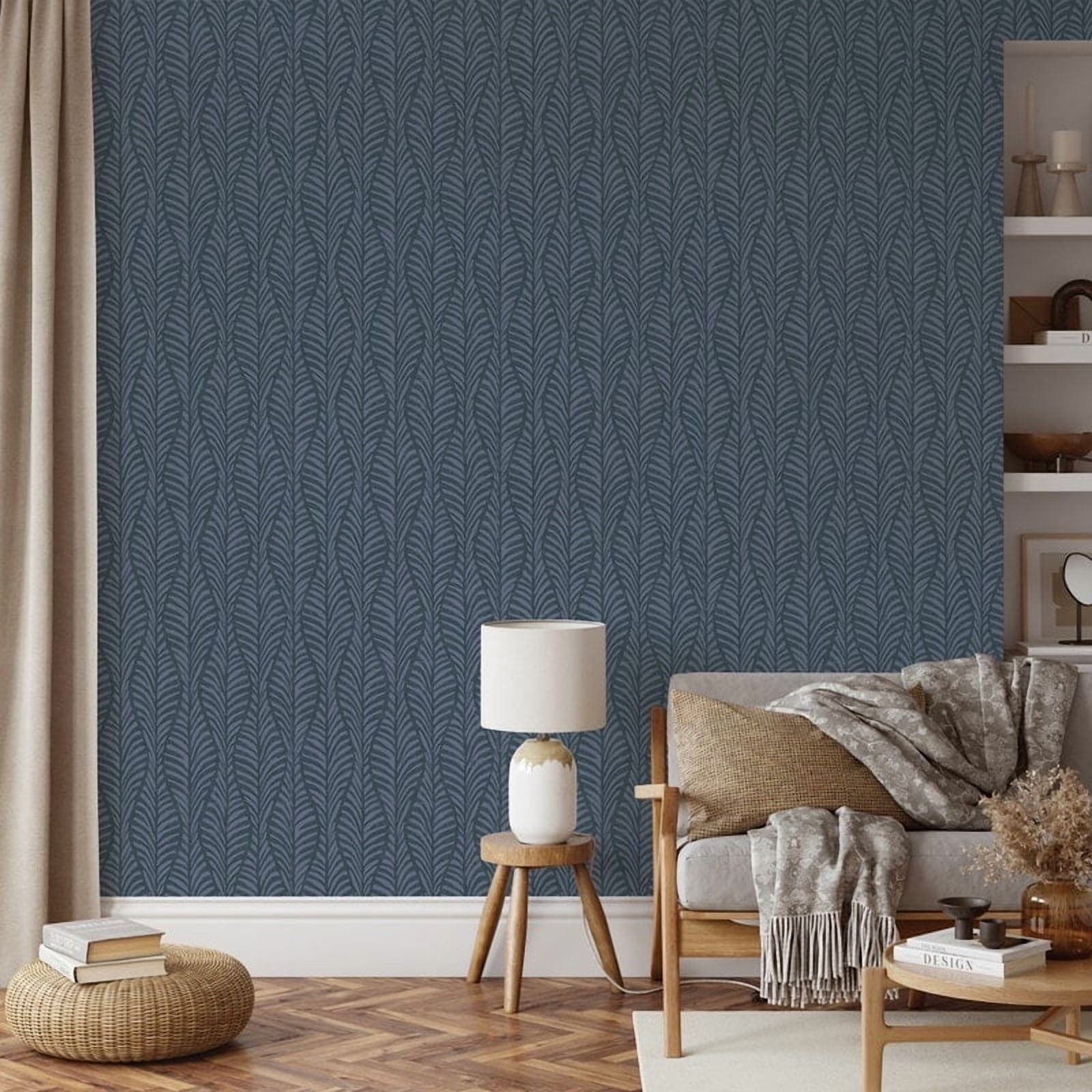 Tempaper Block Print Leaves Blue Peel and Stick Wallpaper, 20.5" x 16.5'