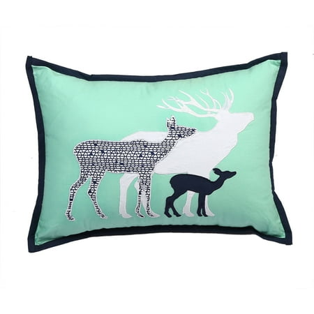 16 Inch Embroidered Plush Pillow - Bacati - Tribal Deer Family Dec Pillow 12 x 16 inches with removable 100% Cotton cover and polyfilled pillow insert, Mint/Navy