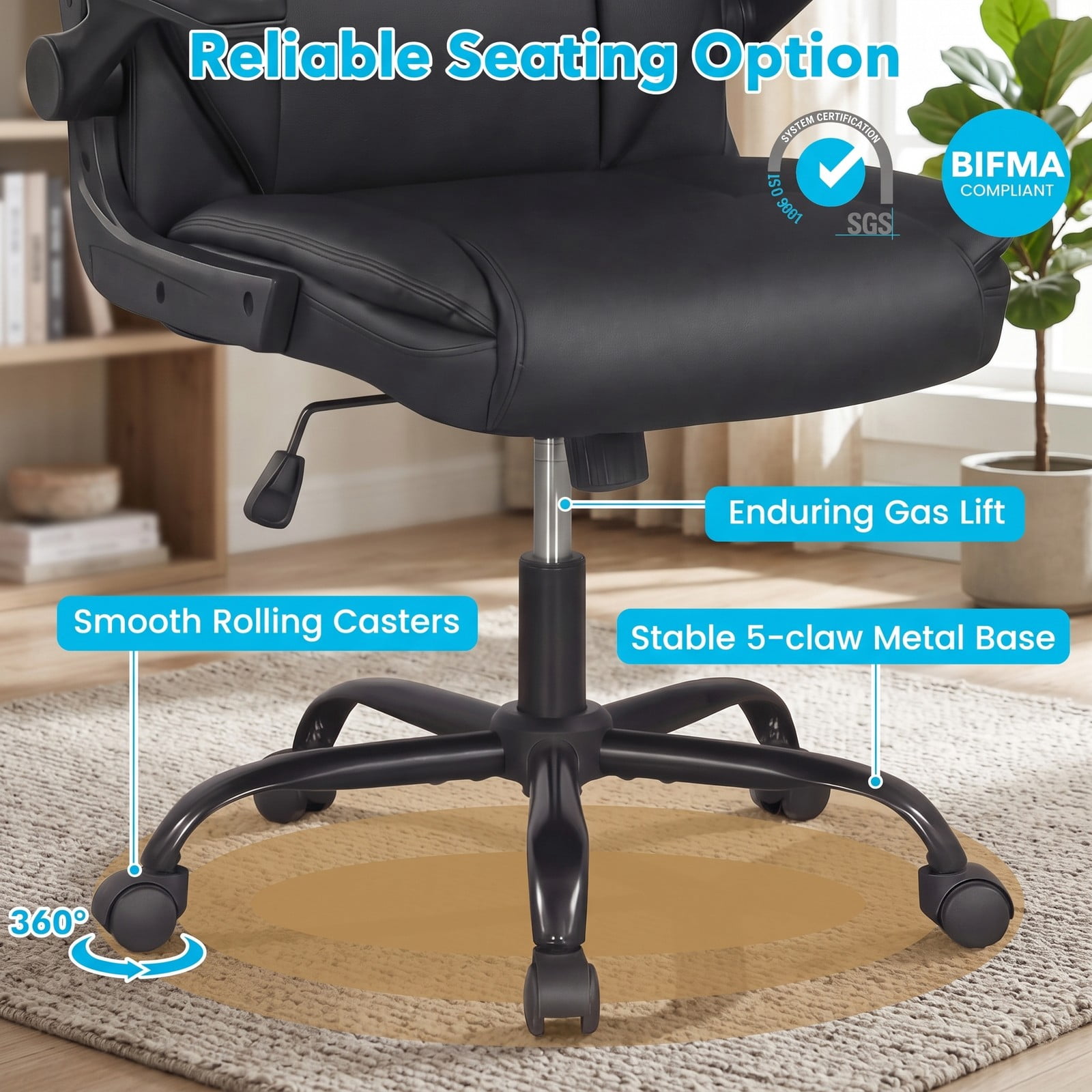 Furnibear Ergonomic Leather Office Chair, High Back PU Leather Executive Desk Chair with Flip-up Armrests, Rocking Function, Adjustable Height and Swivel for, Black