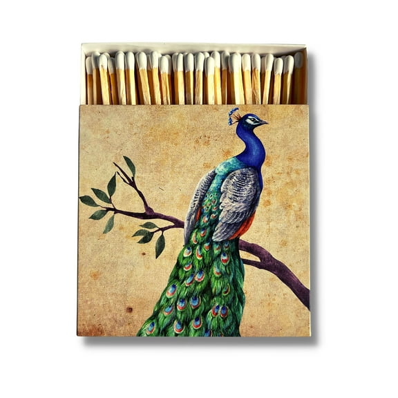 Curator Home Luxury Gift Long Safety Matches I Stylish Peacock Design Square Matchbox