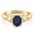thumbnail image 3 of Gem Stone King 18K Yellow Gold Plated Silver Blue Sapphire and White Lab Grown Diamond 3 Stone Engagement Ring for Women | 1.88 Cttw | Oval 8X6MM | Round 2MM | Gemstone September Birthstone | Size 9, 3 of 6