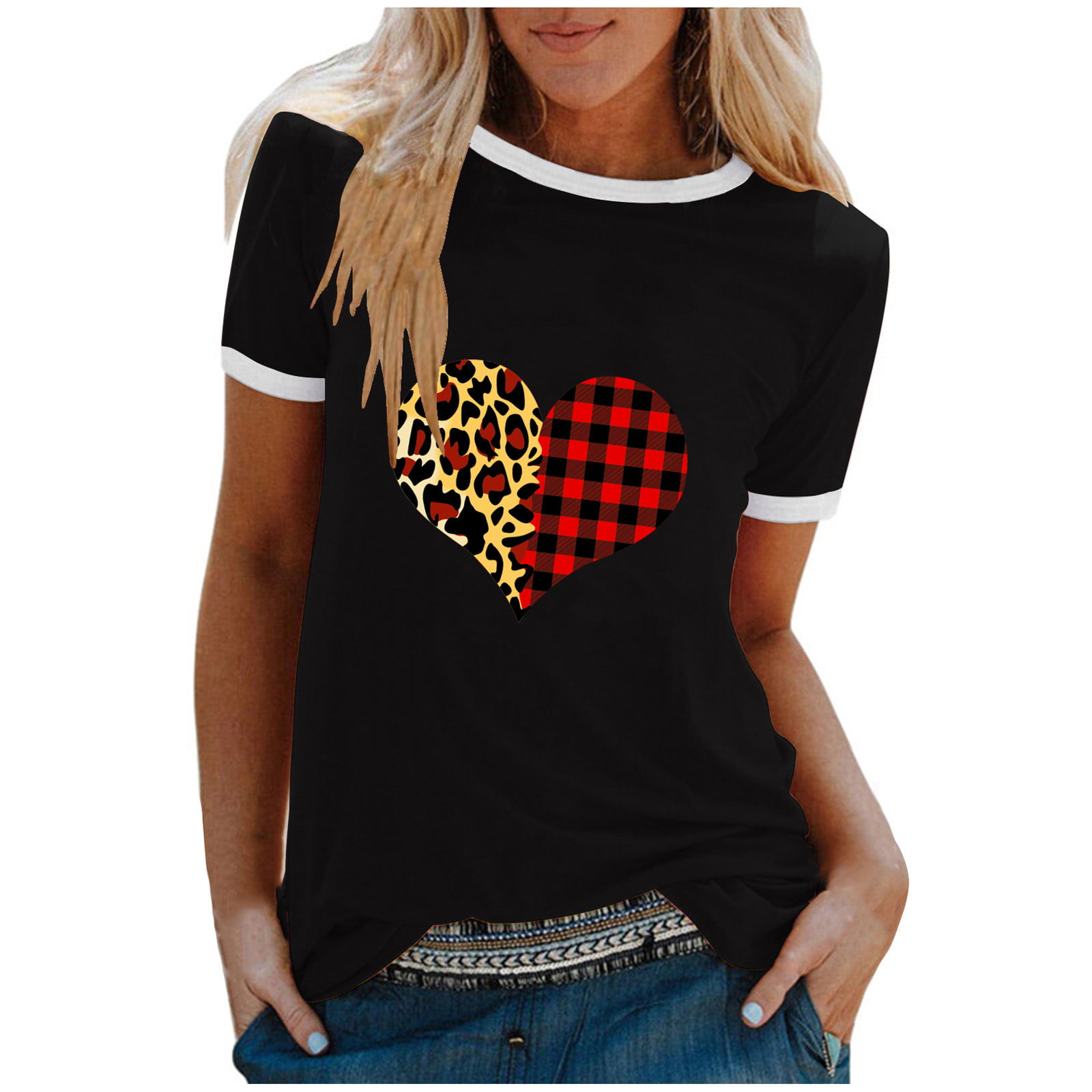 ZQGJB Oversized T Shirts for Women Valentines Day Leopard Buffalo Plaid ...