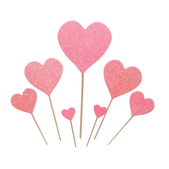 WHAMVOX Pink Heart Shaped Glitter Cupcake Toppers for Cake Decorating with Thick Paper 7 Pieces