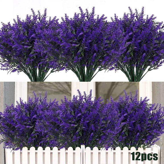 RECUTMS 12 Bundles Purple Artificial Lavender Flowers Outdoor UV Resistant Spring Decorations for Home