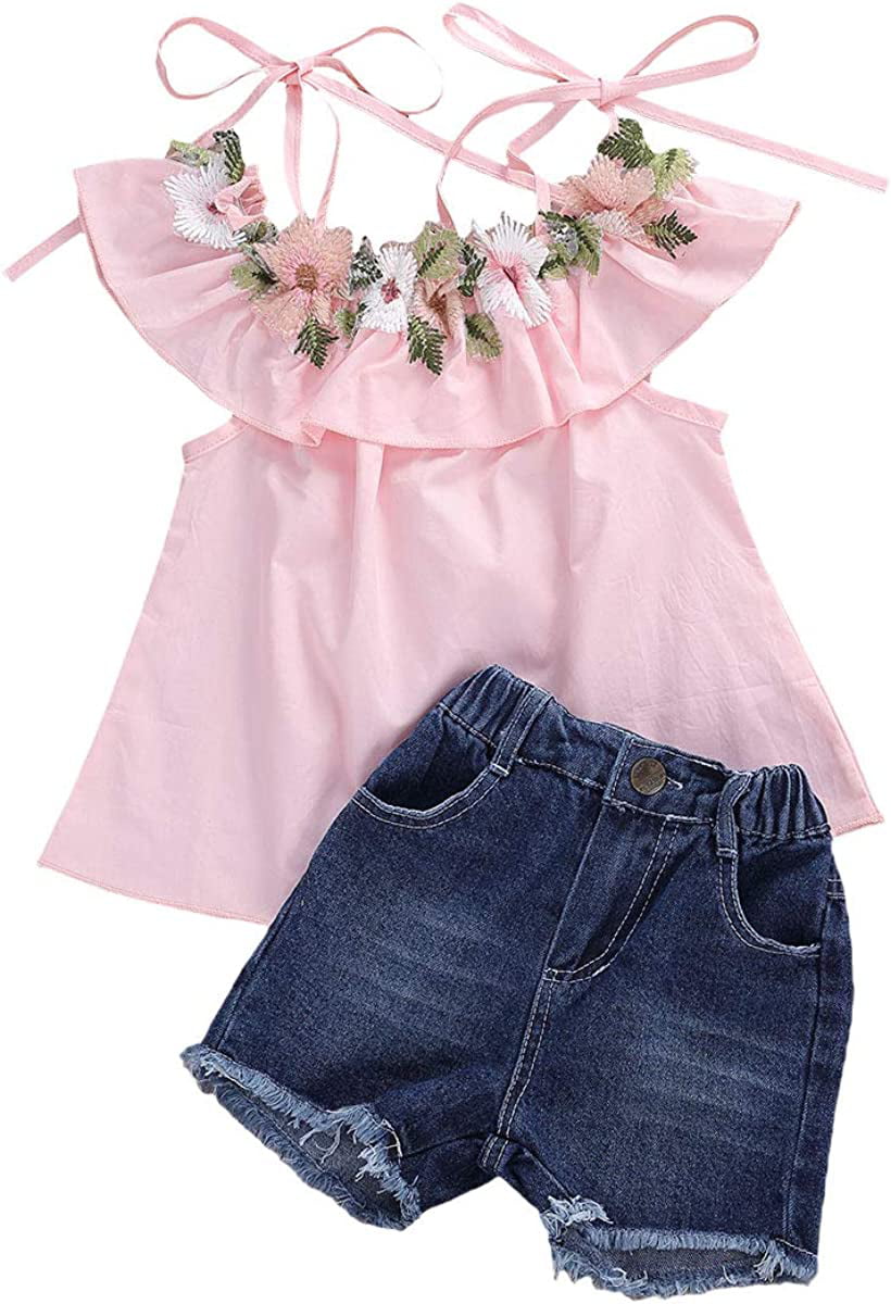 Baby Girl Floral Short Sleeve Jeans Short Set Flower Ruffle Tops Toddler Girl Clothe Outfit 