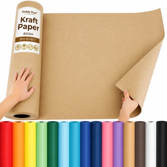 Teddy Run Brown Kraft Craft Paper Roll for Gift Wrapping Bulletin Board Bouquet Flower Art Packing Parcel Table Covering 80GSM (Brown, 18" x 75')