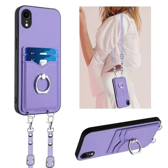for iPhone XR Phone Case Wallet with Crossbody Strap & Card Holder, Premium PU Leather Case, 360 Ring Holder Kickstand Durable Protective Women Men Cover for iPhone XR,Purple