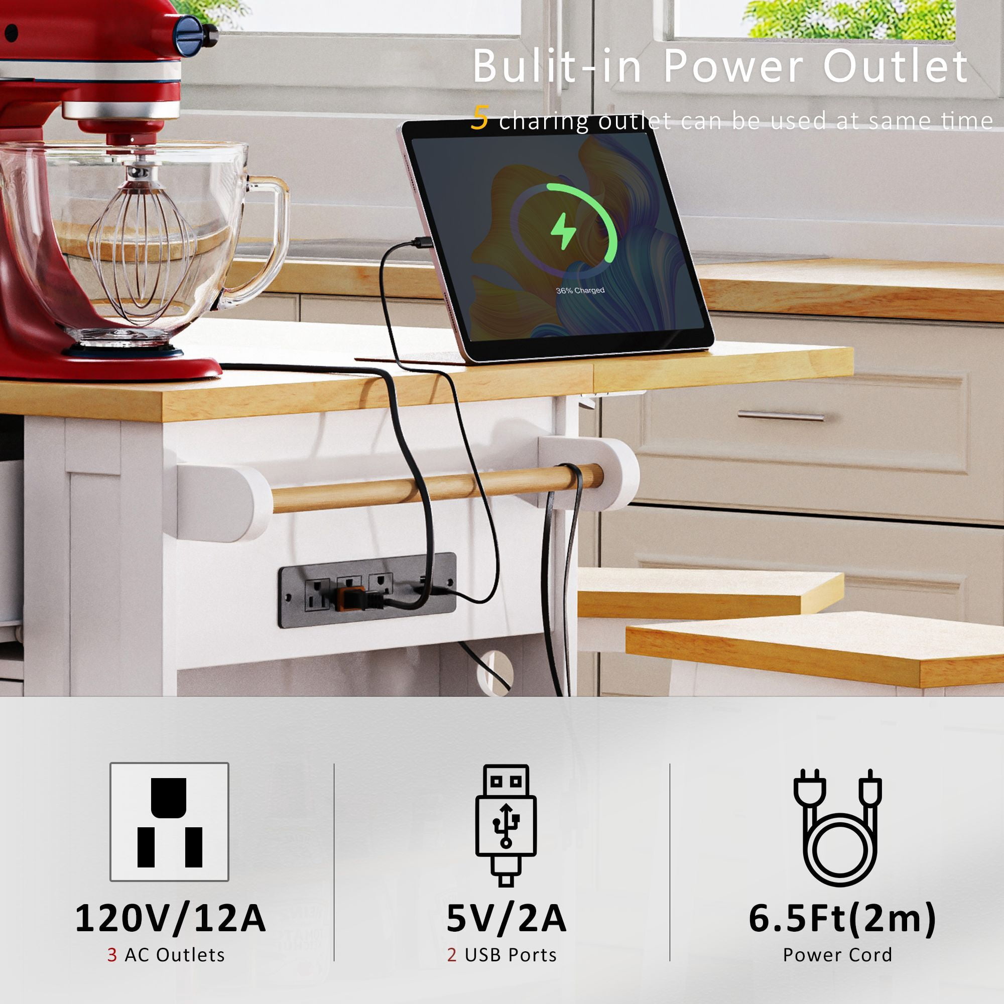 DEALTOPS 53 inch Large Kitchen Island with Drop Leaf, Power Outlet,Rolling Kitchen Storage Cart for Kitchen, Dining Room-White
