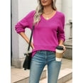 thumbnail image 4 of Womens 2025 Fall Casual Long Sleeve Ribbed Knit V Neck Light-Weight Crochet Pullover Sweater Rose Red M, 4 of 7