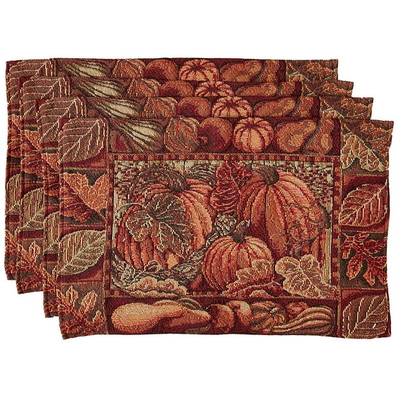 Violet Linen Fall Harvest Thanksgiving Autumn Leaves Sunflowers Fruits Pumpkins Tapestry Pattern, Polyester Cotton Woven Tapestry , Pumpkins, 13 X 19, Rectangular Set of 4, Decorative Place Mats