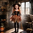 thumbnail image 4 of Virmaxy Halloween Costume Witch Dress V Neck Lace Up Corset Sheer Bell Sleeve Layered Tulle Skirt with Hat for Cosplay Party 2-13 Years, Orange, 4 of 5