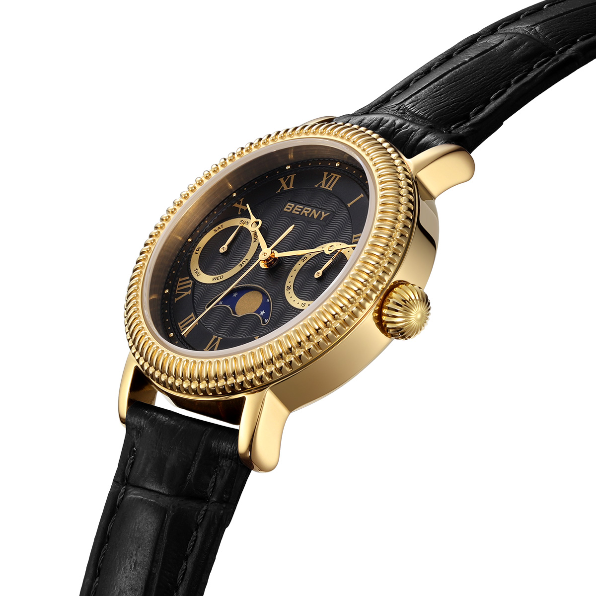 BERNY Womens Leather Watch, Vintage Roman Numerals Luxury Moon Phase Watch with Day & Date, Stainless Steel, Sapphire Crystal, Waterproof, Fashion Dress Analog Quartz Wrist Watches for Women (Gold)