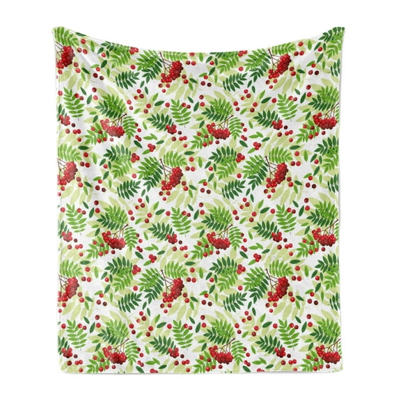 Rowan Soft Flannel Fleece Throw Blanket, Green Leaves Wild Mountain Fruits Raceme Continuous Seasonal Pattern, Cozy Plush for Indoor and Outdoor Use, 50" x 60", Apple Green Fern Green, by Ambesonne