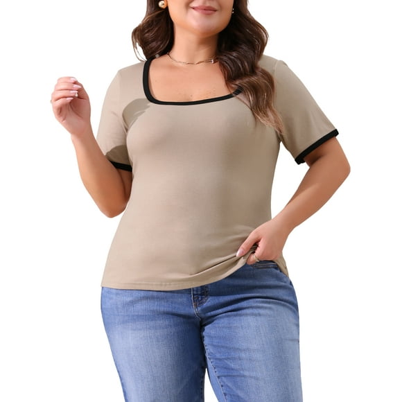 Plus Size Top for Women Square Neck Short Sleeve t Shirt Ribbed Color Block Slim Fit Knit Basic Tee Tops 1X Light Camel