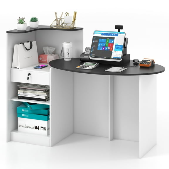 Topbuy Modern Reception Desk Front Counter Desk with Oval Tabletop Lockable Drawer & Adjustable Shelf White