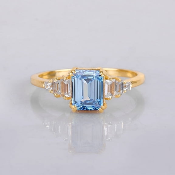 Vintage Aquamarine and Baguette Diamond Graduation Wedding Band Ring, 925 Starling Silver Band Ring, March Birthstone Month Ring, Yellow Plated Handmade Fine Engegment Jewelry Gift For Mom