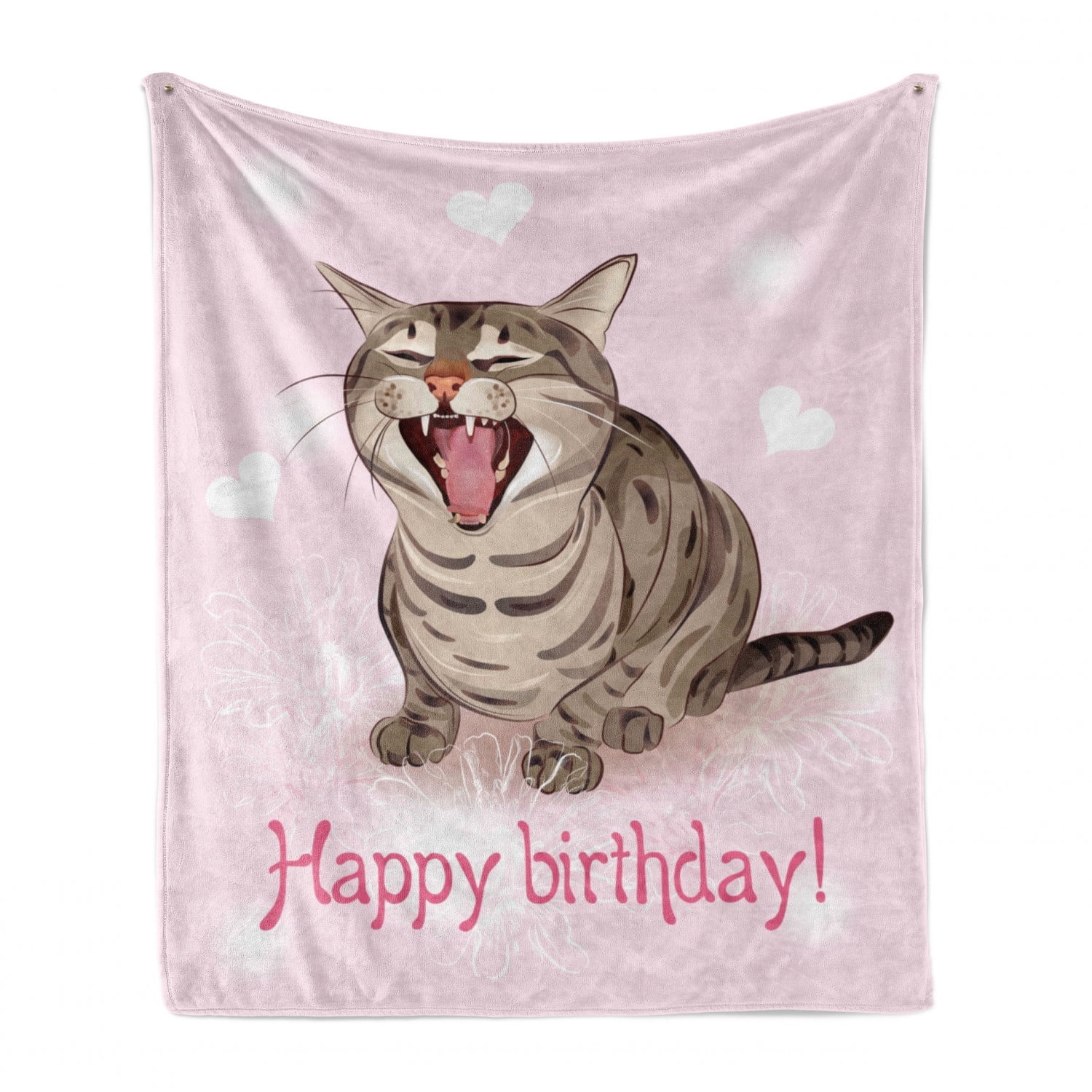 60 x 80 Cozy Plush for Indoor and Outdoor Use Ambesonne Birthday Soft Flannel Fleece Throw Blanket Baby Pink Brown Funny Cat Sings a Greeting Song on Pink Color Backdrop with Hearts Flowers