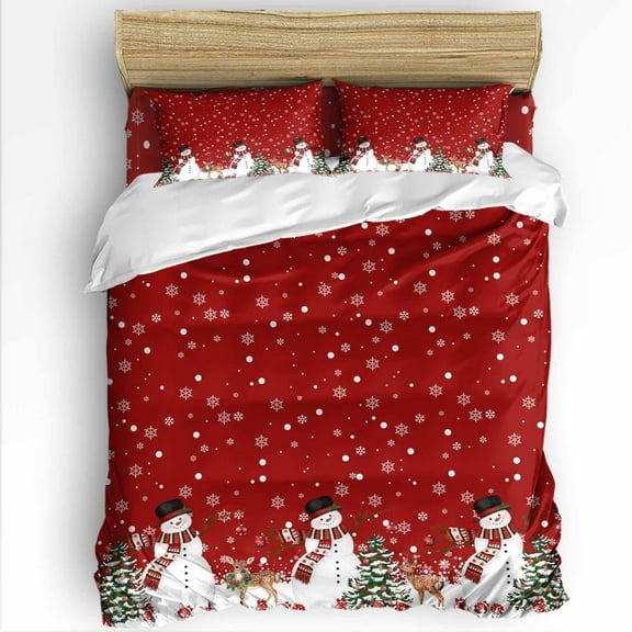 Christmas Queen Size Comforter Set, Winter Snowman Xmas Tree Deer Snowflakes Red Soft Bedding for All Seasons, 4 Pcs Bed Set with 1Comforter (90"x92") ,1 Sheet(94"x116"), 2 Pillowcases (19"x29")