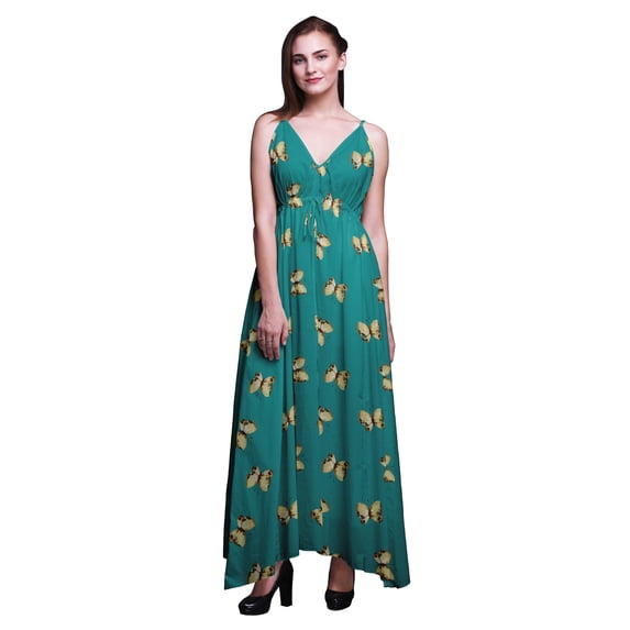 Bimba Butterfly Ladies Long Floral Print Dress Spaghetti Strap V Neck Maxi Beach Wear-X-Small