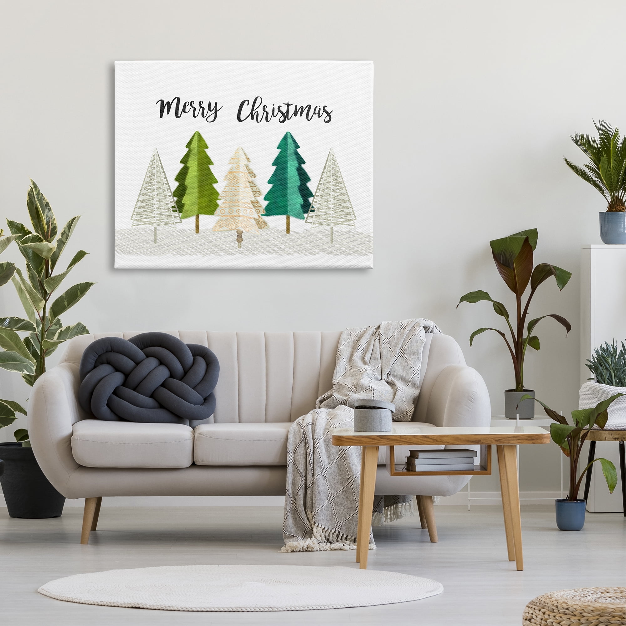 Stupell Industries Merry Christmas Greeting Modern Minimal Pine Trees Nature Painting Gallery Wrapped Canvas Print Wall Art, 36 x 48