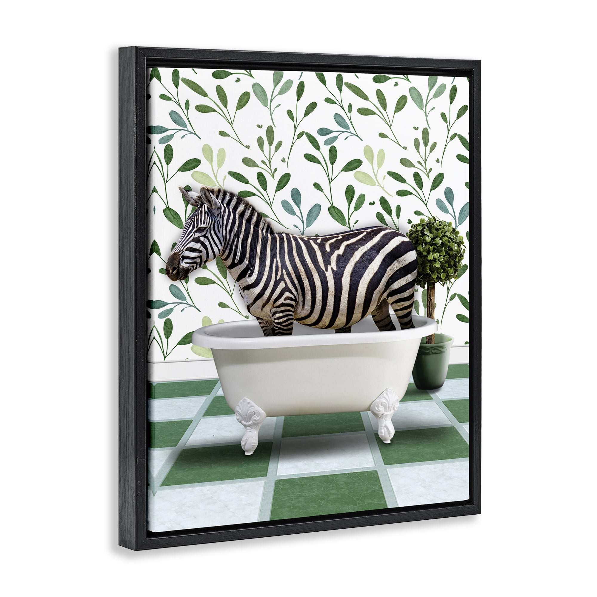 Stupell Industries Zebra in Green Bathroom Bath & Laundry Painting Black Floater Framed Canvas Art Print Wall Art, 25 x 31