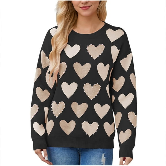 Rohuuque Women's Long Sleeve Crewneck Sweater Fall Heart Printed Cute Loose Knitted Pullover Tops Trendy Comfortable Blouse Black